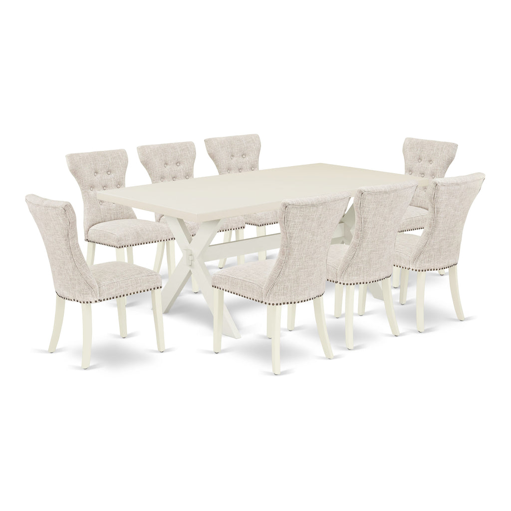East West Furniture X027GA235-9 9 Piece Dining Set Includes a Rectangle Dining Room Table with X-Legs and 8 Doeskin Linen Fabric Upholstered Parson Chairs, 40x72 Inch, Multi-Color