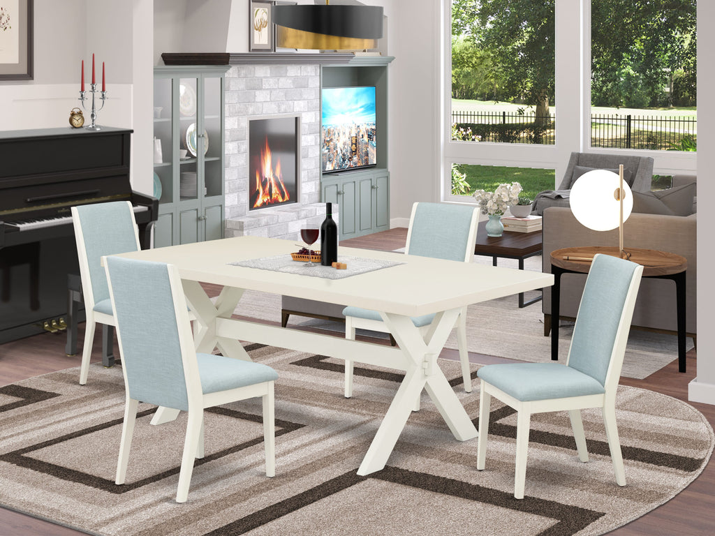 East West Furniture X027LA015-5 5 Piece Dining Room Furniture Set Includes a Rectangle Dining Table with X-Legs and 4 Baby Blue Linen Fabric Upholstered Chairs