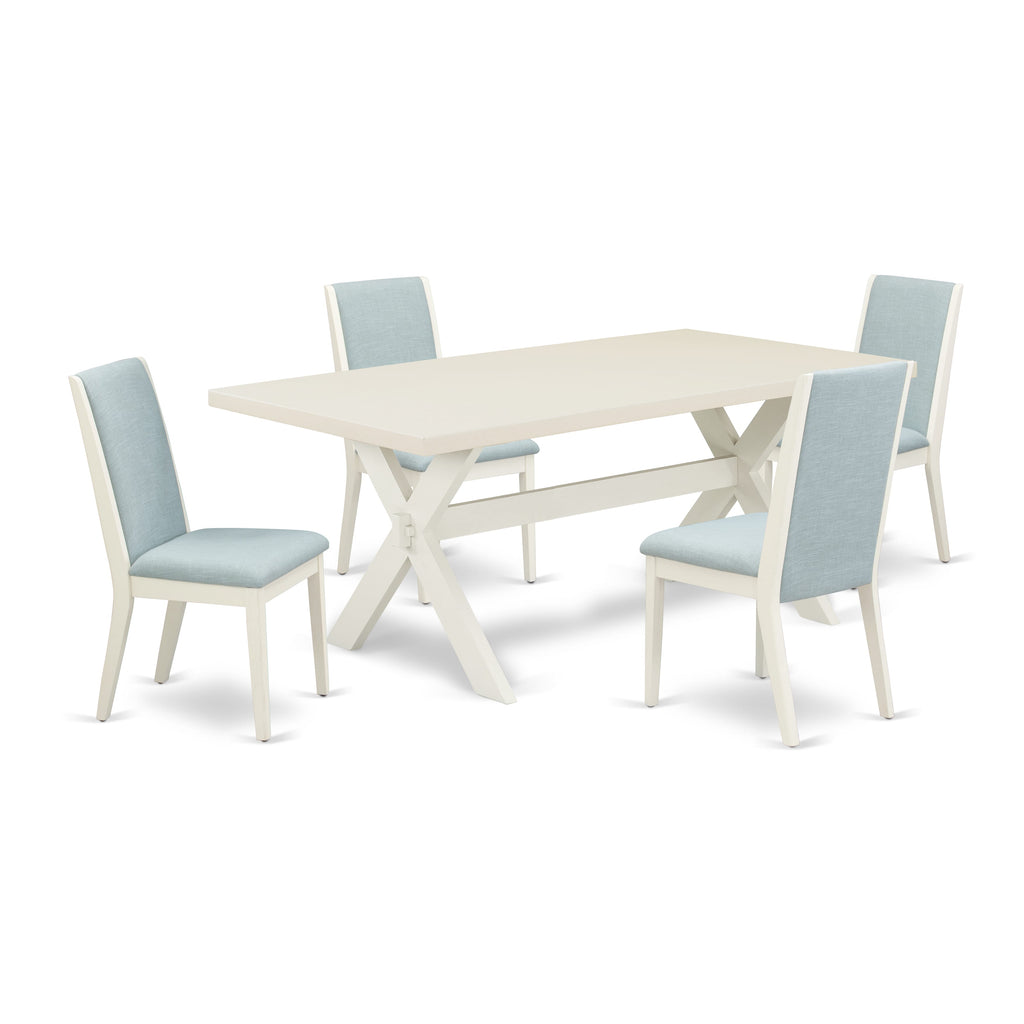 East West Furniture X027LA015-5 5 Piece Dining Room Furniture Set Includes a Rectangle Dining Table with X-Legs and 4 Baby Blue Linen Fabric Upholstered Chairs