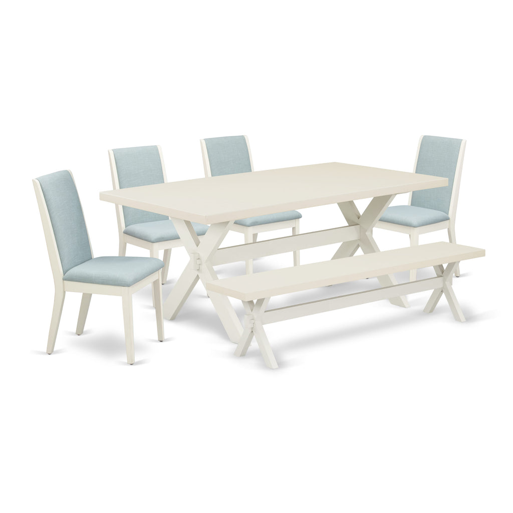 East West Furniture X027LA015-6 6 Piece Dining Table Set Contains a Rectangle Dining Room Table and 4 Baby Blue Linen Fabric Parson Chairs with a Bench