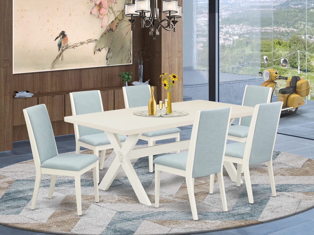 East West Furniture X027LA015-7 7 Piece Dining Room Furniture Set Consist of a Rectangle Dining Table with X-Legs and 6 Baby Blue Linen Fabric Parsons Chairs