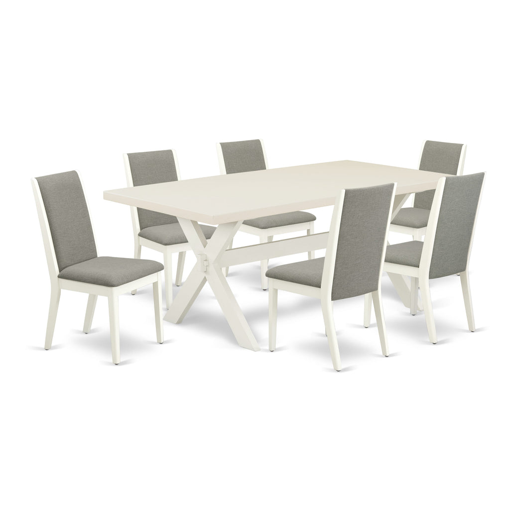 East West Furniture X027LA206-7 7 Piece Dining Room Furniture Set Consist of a Rectangle Dining Table with X-Legs and 6 Shitake Linen Fabric Upholstered Chairs