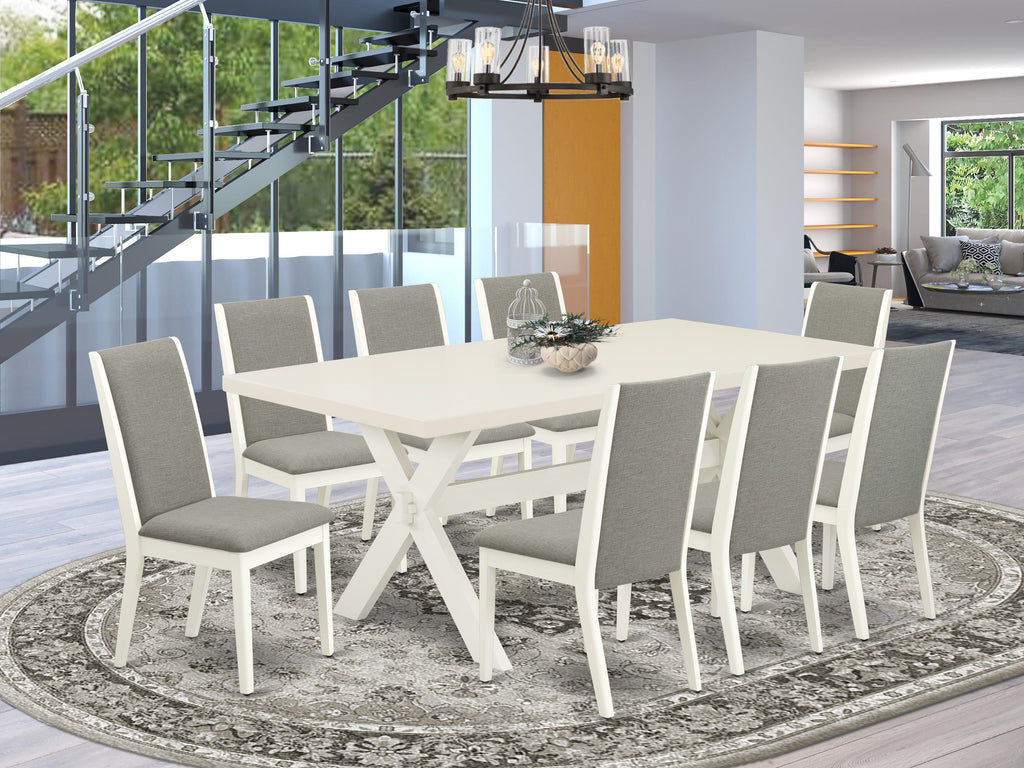 East West Furniture X027LA206-9 9 Piece Dining Room Table Set Includes a Rectangle Dining Table with X-Legs and 8 Shitake Linen Fabric Upholstered Chairs