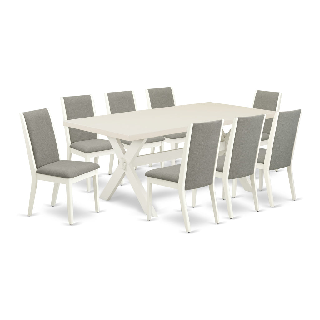 East West Furniture X027LA206-9 9 Piece Dining Room Table Set Includes a Rectangle Dining Table with X-Legs and 8 Shitake Linen Fabric Upholstered Chairs