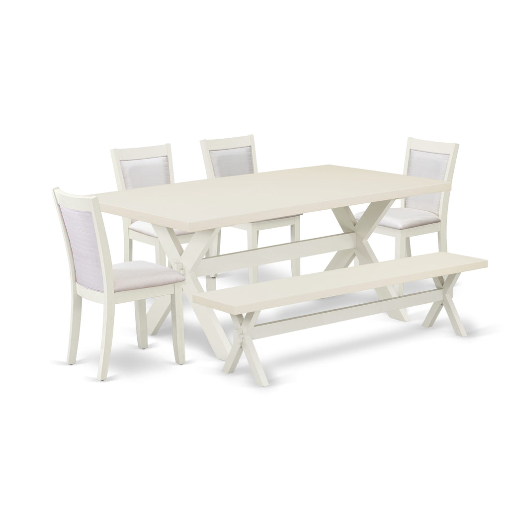 East West Furniture X027MZ001-6 6 Piece Kitchen Table Set Contains a Rectangle Dining Table with X-Legs and 4 Cream Linen Fabric Upholstered Chairs with a Bench