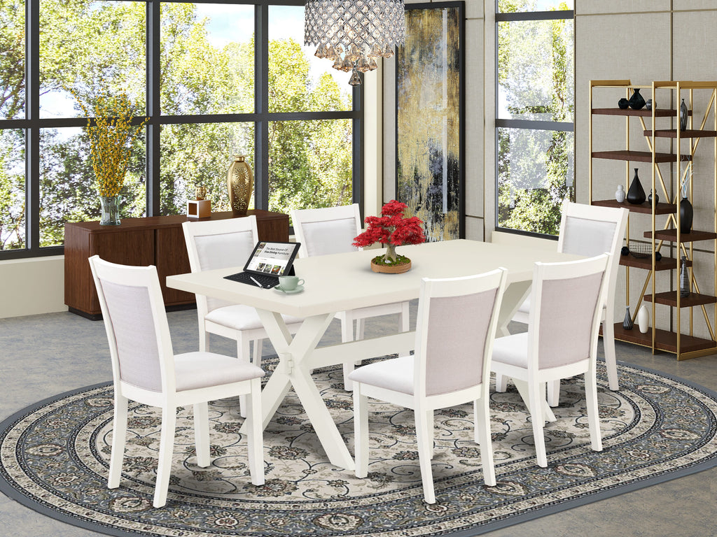 East West Furniture X027MZ001-7 7 Piece Modern Dining Table Set Consist of a Rectangle Wooden Table with X-Legs and 6 Cream Linen Fabric Parson Dining Chairs