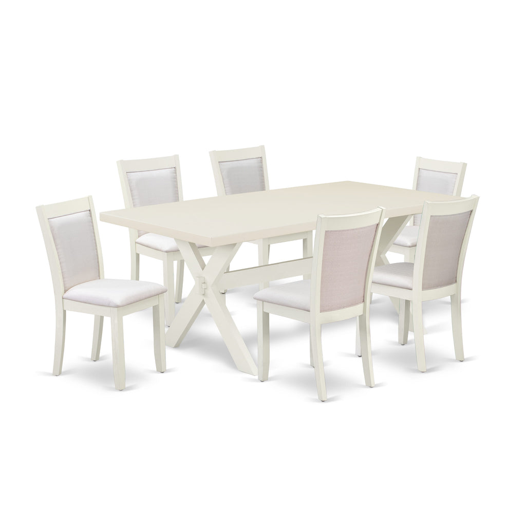 East West Furniture X027MZ001-7 7 Piece Modern Dining Table Set Consist of a Rectangle Wooden Table with X-Legs and 6 Cream Linen Fabric Parson Dining Chairs