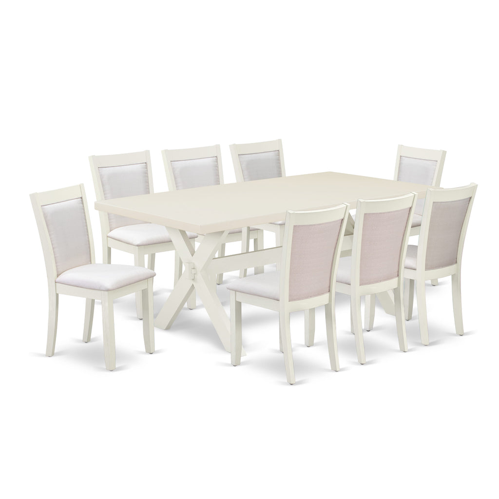 East West Furniture X027MZ001-9 9 Piece Modern Dining Table Set Includes a Rectangle Wooden Table with X-Legs and 8 Cream Linen Fabric Upholstered Chairs