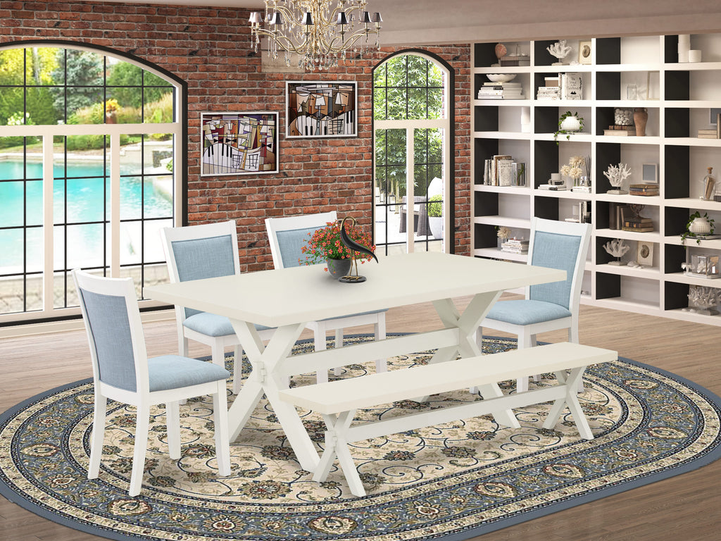 East West Furniture X027MZ015-6 6 Piece Kitchen Table Set Contains a Rectangle Dining Table with X-Legs and 4 Baby Blue Linen Fabric Parson Chairs with a Bench