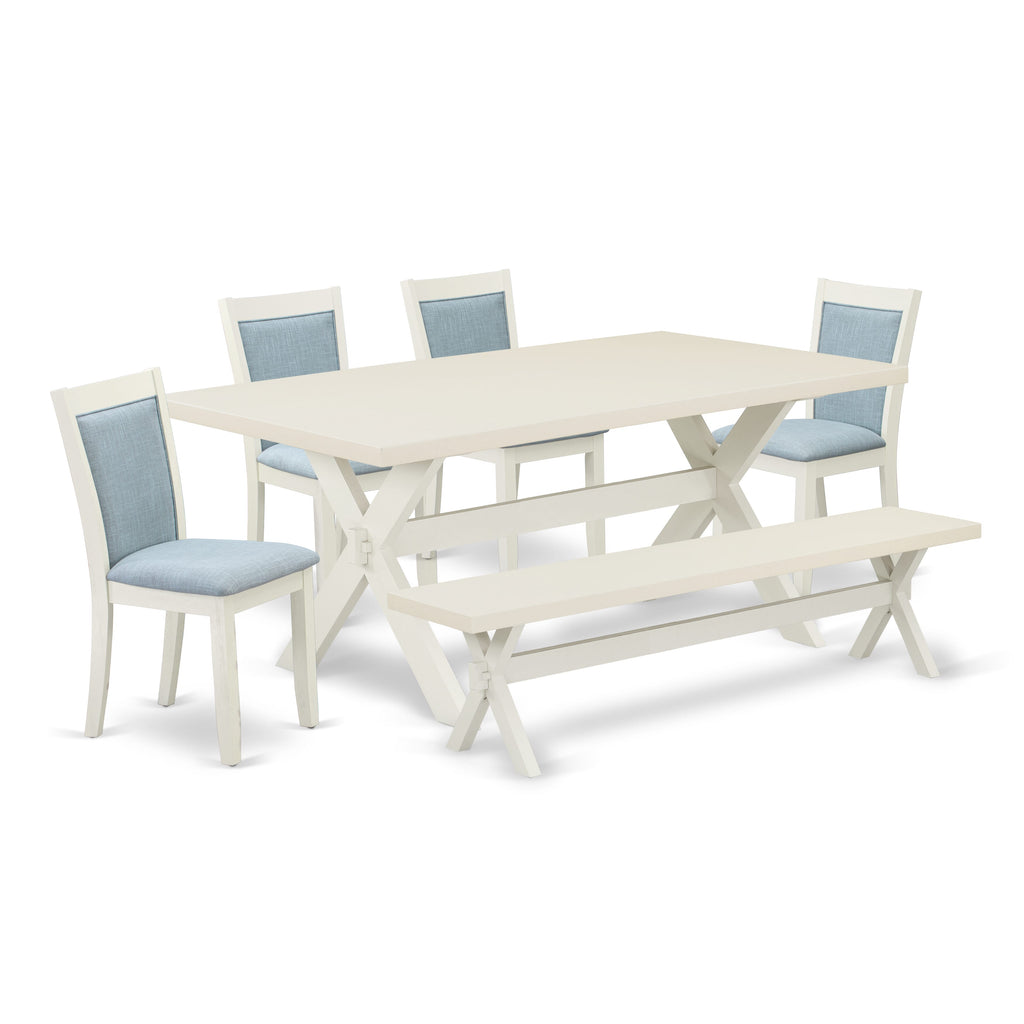 East West Furniture X027MZ015-6 6 Piece Kitchen Table Set Contains a Rectangle Dining Table with X-Legs and 4 Baby Blue Linen Fabric Parson Chairs with a Bench