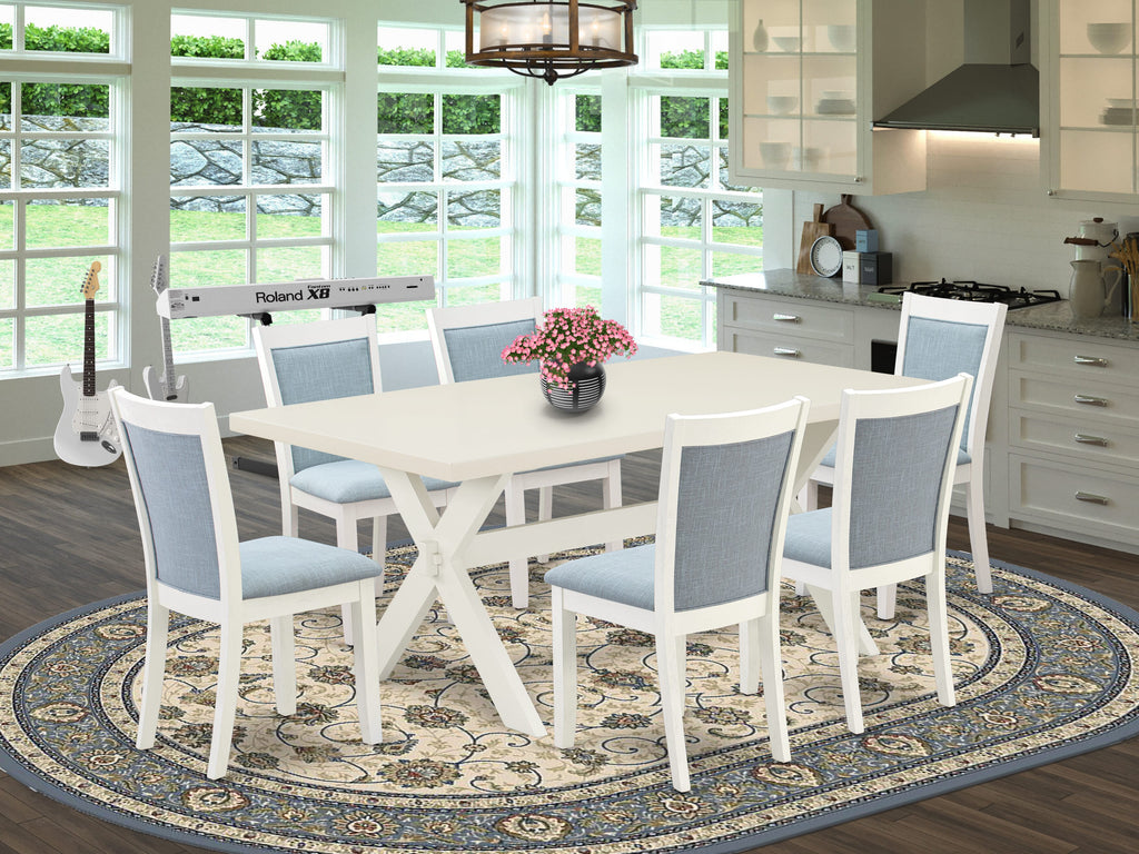 East West Furniture X027MZ015-7 7 Piece Dining Set Consist of a Rectangle Dining Room Table with X-Legs and 6 Baby Blue Linen Fabric Upholstered Parson Chairs