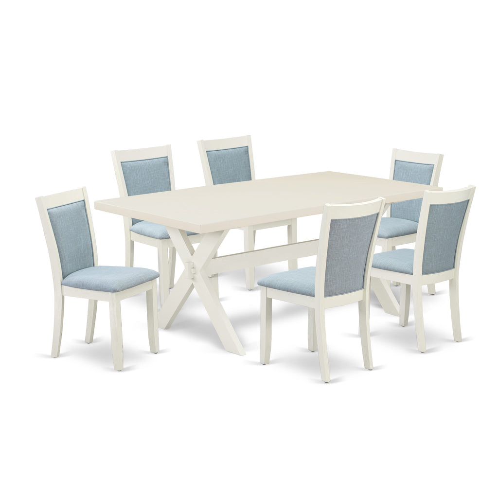 East West Furniture X027MZ015-7 7 Piece Dining Set Consist of a Rectangle Dining Room Table with X-Legs and 6 Baby Blue Linen Fabric Upholstered Parson Chairs