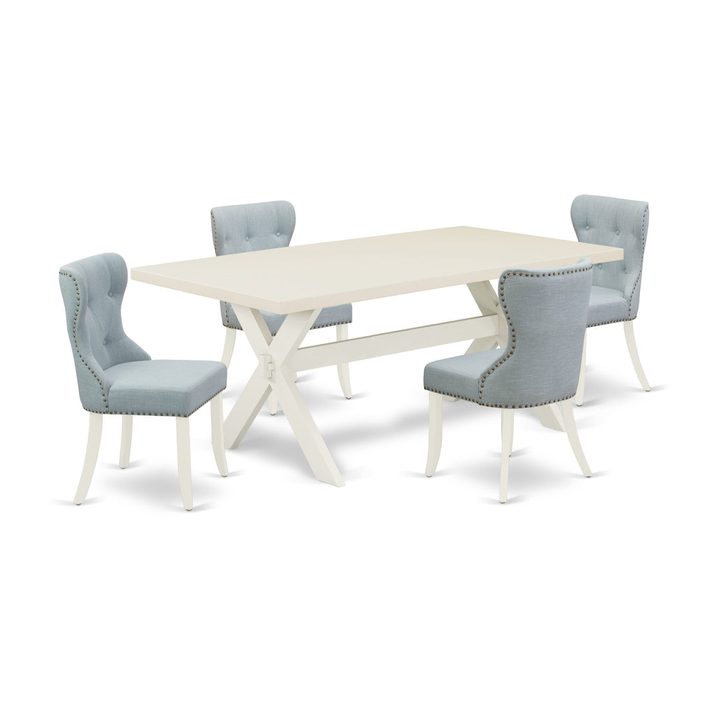 East West Furniture X027SI215-5 5 Piece Dining Room Table Set Includes a Rectangle Dining Table with X-Legs and 4 Baby Blue Linen Fabric Upholstered Parson Chairs