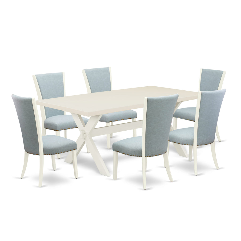 East West Furniture X027VE215-7 7 Piece Kitchen Table Set Consist of a Rectangle Dining Table with X-Legs and 6 Baby Blue Linen Fabric Parson Dining Chairs, 40x72 Inch, Multi-Color