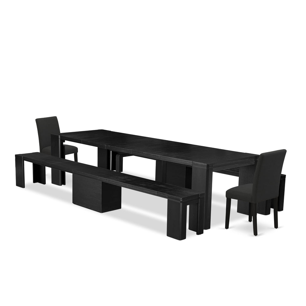 Luxe East West Furniture X02AB-206-24 5-piece Dining Room Table Set a Rectangular Kitchen Table and 2 wooden Benches and 2 Black Linen Fabric Dining Chair, Wire Brushed Black Finish.