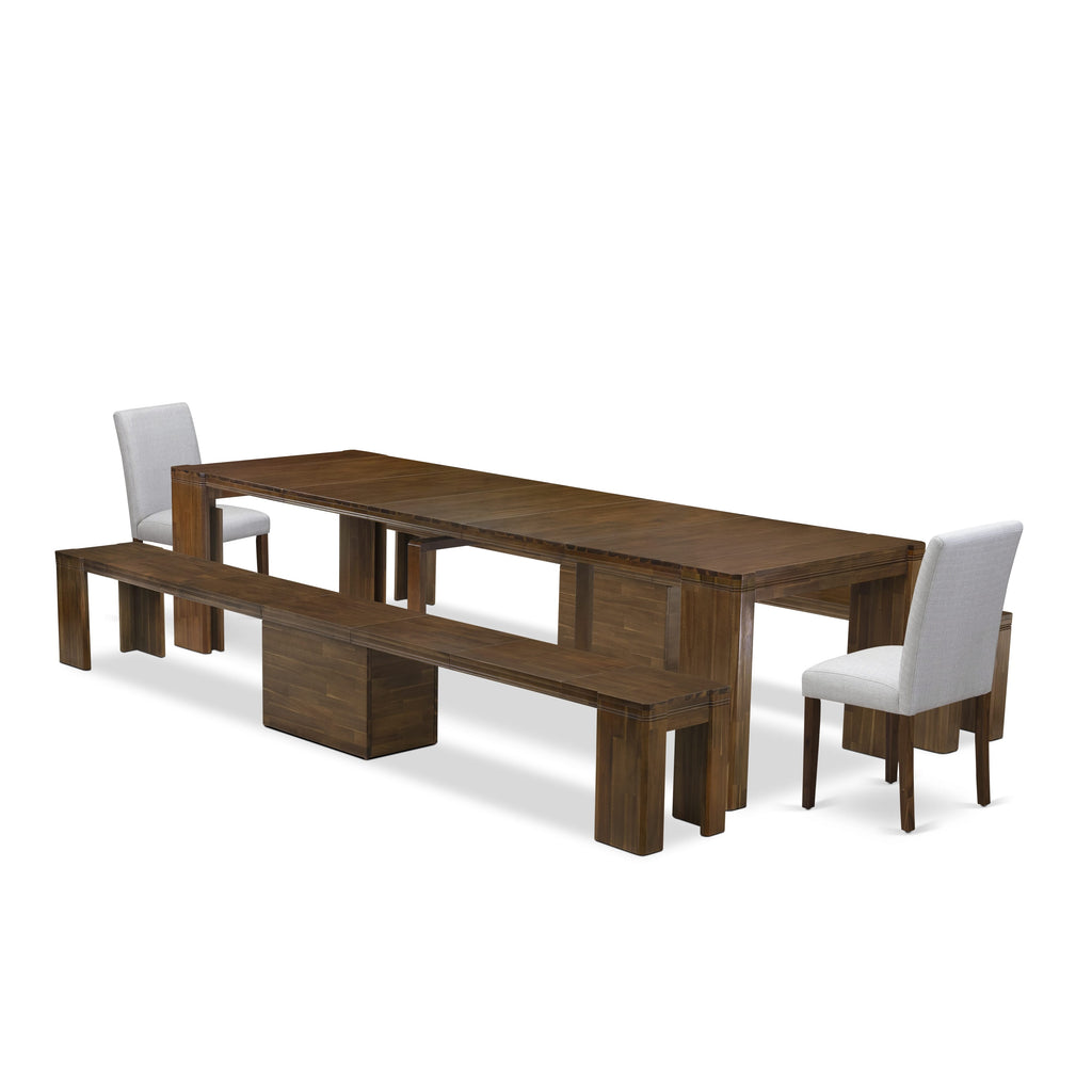 Luxe by East West Furniture X02AB-208-05 -5 Pieces Extendable Dining Set Includes a Rectangle Kitchen Table, 2 Dining Chairs and 2 Modern Benches, Antique Walnut