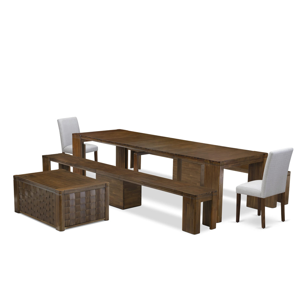 Luxe by East West Furniture X02AB-2C8-05 -6 Pieces Extendable Dining Set Includes a Rectangle Kitchen Table, 1 Coffee Table, 2 Dining Chairs and 2 Modern Benches, Antique Walnut