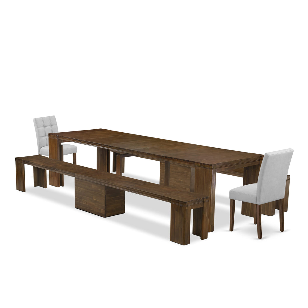 Luxe by East West Furniture X02AS-208-08 -5 Pieces Extendable Dining Set Includes a Rectangle Kitchen Table, 2 Dining Chairs and 2 Modern Benches, Antique Walnut