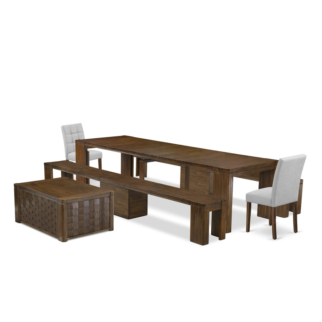 Luxe by East West Furniture X02AS-2C8-08 -6 Pieces Extendable Dining Set Includes a Rectangle Kitchen Table, 1 Coffee Table, 2 Dining Chairs and 2 Modern Benches, Antique Walnut