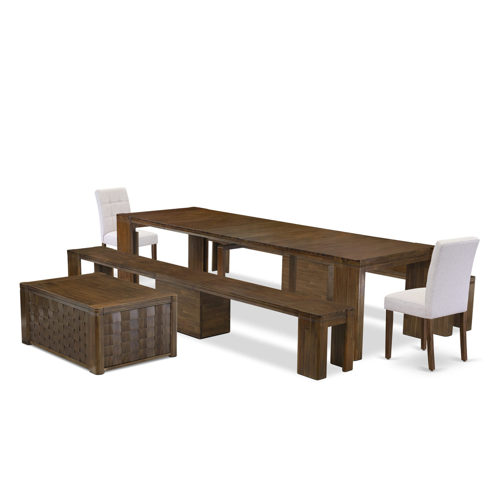 Luxe by East West Furniture X02AS-2C8-27 -6 Pieces Extendable Dining Set Includes a Rectangle Kitchen Table, 1 Coffee Table, 2 Dining Chairs and 2 Modern Benches, Antique Walnut