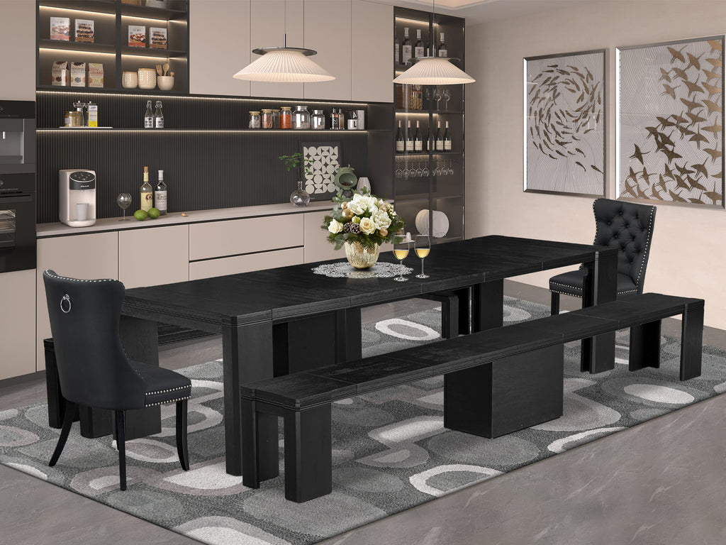 Luxe East West Furniture X02DA-206-12 5-piece Dining Room Table Set a Rectangular Dining Table and a wooden Bench, 2 Dark Grey Faux Leather Dining Chair, Wire Brushed Black Finish.