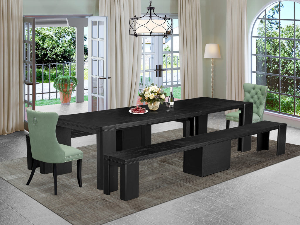 Luxe East West Furniture X02DA-206-22 5-piece Dining Room Table Set a Rectangular Kitchen Table and 2 wooden Benches and 2 Willow Green Faux Leather Dining Chair, Wire Brushed Black Finish.