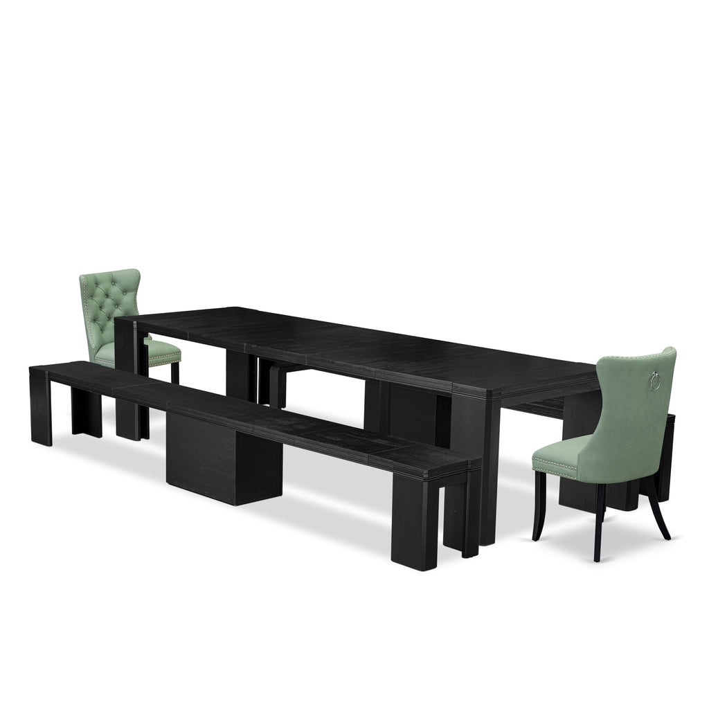 Luxe East West Furniture X02DA-206-22 5-piece Dining Room Table Set a Rectangular Kitchen Table and 2 wooden Benches and 2 Willow Green Faux Leather Dining Chair, Wire Brushed Black Finish.