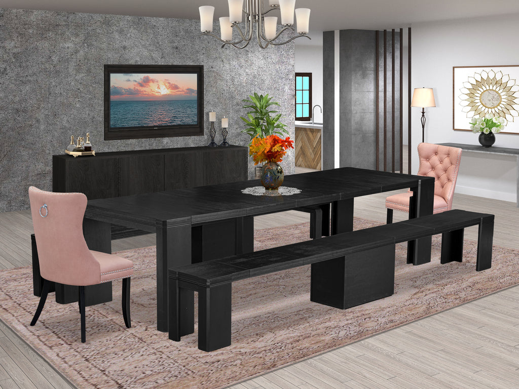 Luxe East West Furniture X02DA-206-23 5-piece Dining Room Table Set a Rectangular Kitchen Table and 2 wooden Benches and 2 Beige Red Faux Leather Dining Chair, Wire Brushed Black Finish.