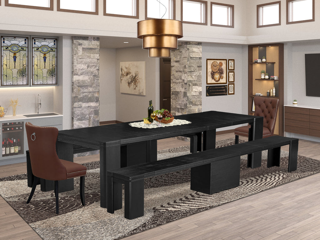 Luxe East West Furniture X02DA-206-26 5-piece Dining Room Table Set a Rectangular Kitchen Table and 2 wooden Benches and 2 Burgundy Faux Leather Dining Chair, Wire Brushed Black Finish.