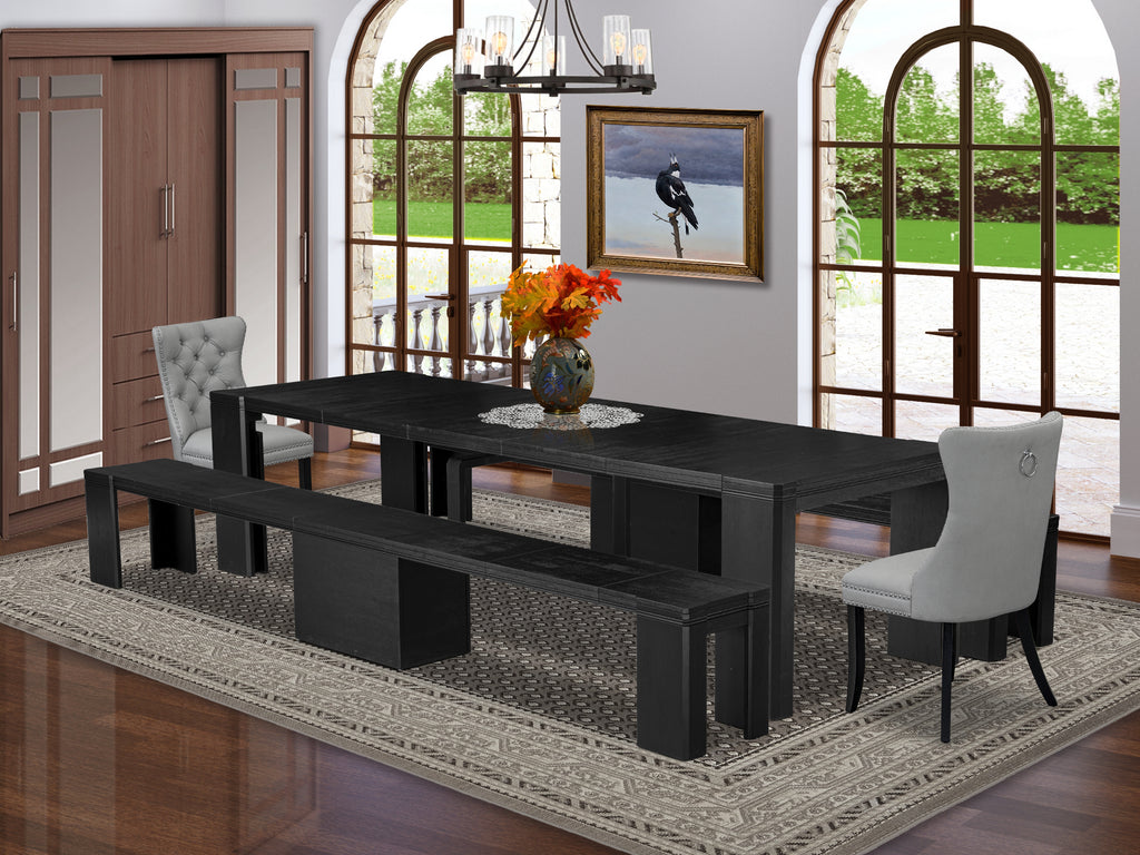 Luxe East West Furniture X02DA-206-27 5-piece Dining Room Table Set a Rectangular Kitchen Table and 2 wooden Benhes and 2 Light Gray Faux Leather Dining Room Chair, Wire Brushed Black Finish.