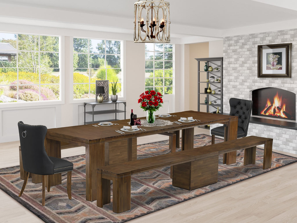 Luxe by East West Furniture X02DA-208-12-5 Pieces Extendable Dining Set Includes a Rectangle Kitchen Table, 2 Dining Chairs and 2 Modern Benches, Antique Walnut