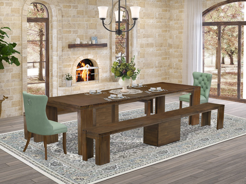 Luxe by East West Furniture X02DA-208-22-5 Pieces Extendable Dining Set Includes a Rectangle Kitchen Table, 2 Dining Chairs and 2 Modern Benches, Antique Walnut