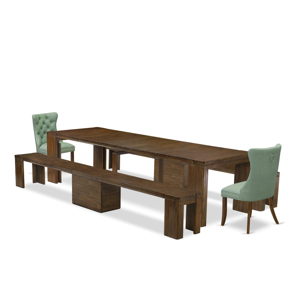 Luxe by East West Furniture X02DA-208-22-5 Pieces Extendable Dining Set Includes a Rectangle Kitchen Table, 2 Dining Chairs and 2 Modern Benches, Antique Walnut