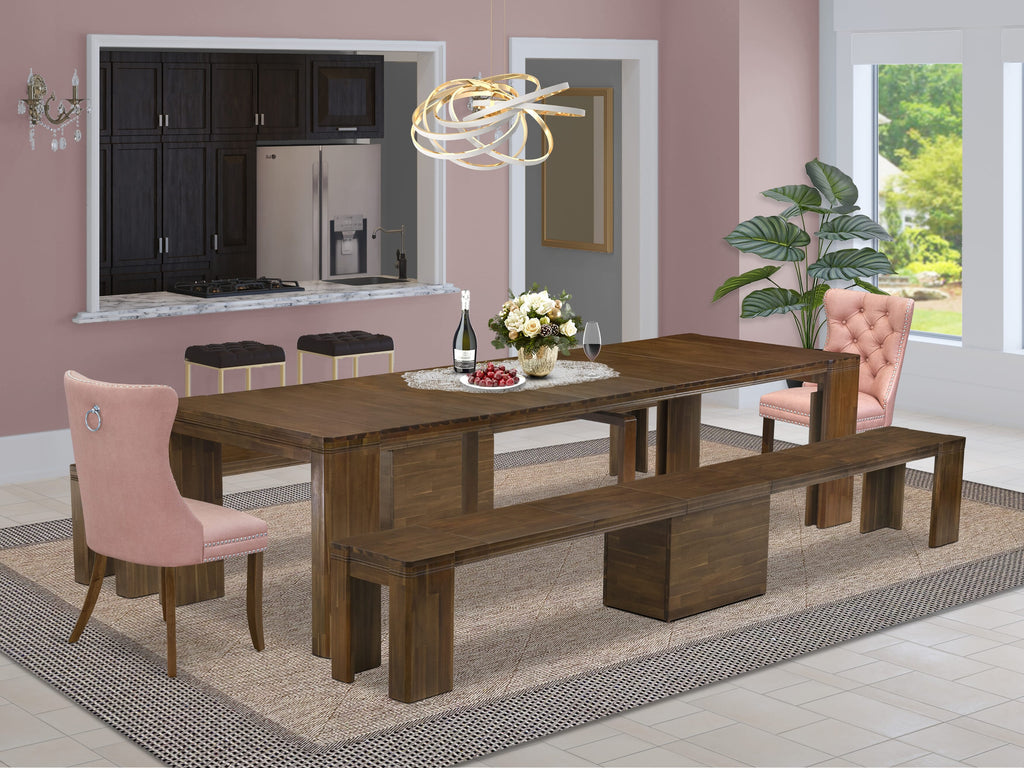 Luxe by East West Furniture X02DA-208-23-5 Pieces Extendable Dining Set Includes a Rectangle Kitchen Table, 2 Dining Chairs and 2 Modern Benches, Antique Walnut