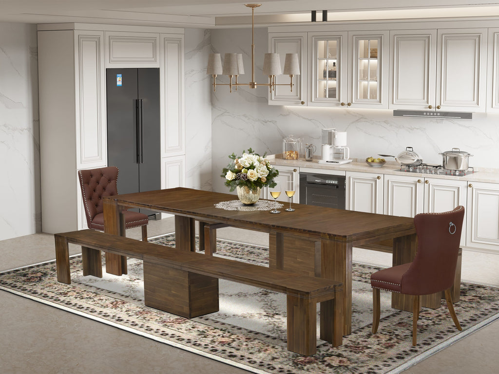 Luxe by East West Furniture X02DA-208-26-5 Pieces Extendable Dining Set Includes a Rectangle Kitchen Table, 2 Dining Chairs and 2 Modern Benches, Antique Walnut