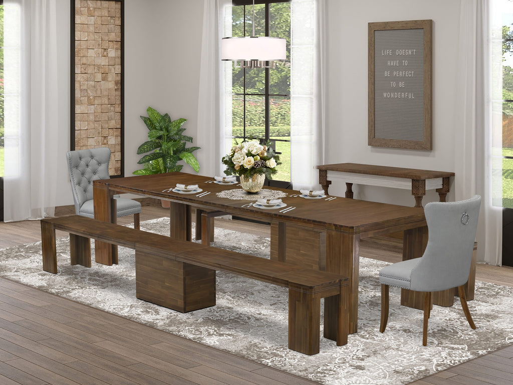 Luxe by East West Furniture X02DA-208-27-5 Pieces Extendable Dining Set Includes a Rectangle Kitchen Table, 2 Dining Chairs and 2 Modern Benches, Antique Walnut