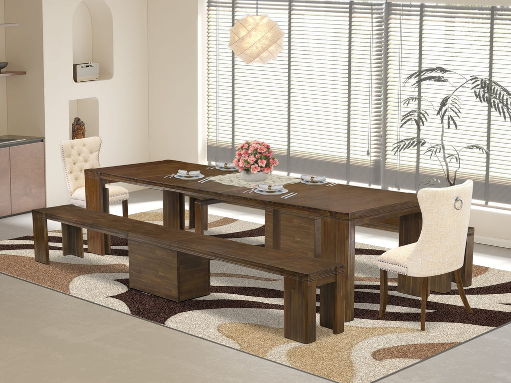 Luxe by East West Furniture X02DA-208-32 -5 Pieces Extendable Dining Set Includes a Rectangle Kitchen Table, 2 Dining Chairs and 2 Modern Benches, Antique Walnut