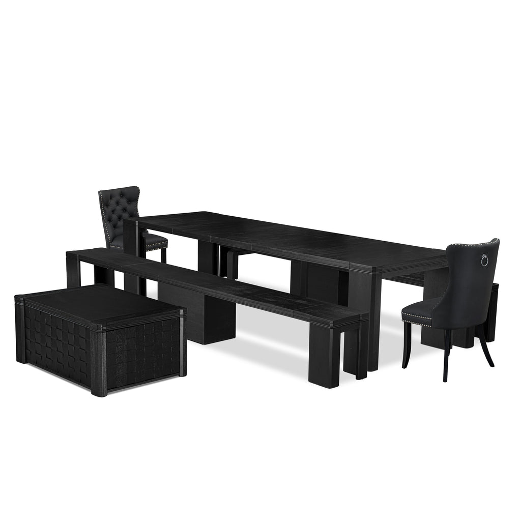 Luxe East West Furniture X02DA-2C6-12 6-piece Kitchen Table Set a Rectangular Dining Table with a coffee Table and 2 wooden Bench 2 Dark Grey Faux Leather Dining Chair, Wire Brushed Black Finish.