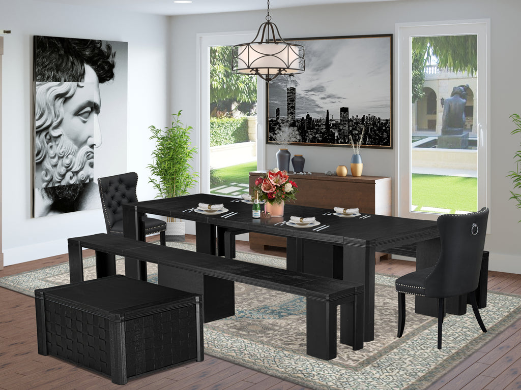 Luxe East West Furniture X02DA-2C6-12 6-piece Kitchen Table Set a Rectangular Dining Table with a coffee Table and 2 wooden Bench 2 Dark Grey Faux Leather Dining Chair, Wire Brushed Black Finish.