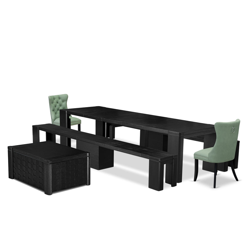 Luxe East West Furniture X02DA-2C6-22 6-piece Dining Room Table Set a Rectangular Dining Table with a coffee Table and 2 wooden Benches and 2 Willow Green Faux Leather Kitchen Chair, Wire Brushed Black Finish.