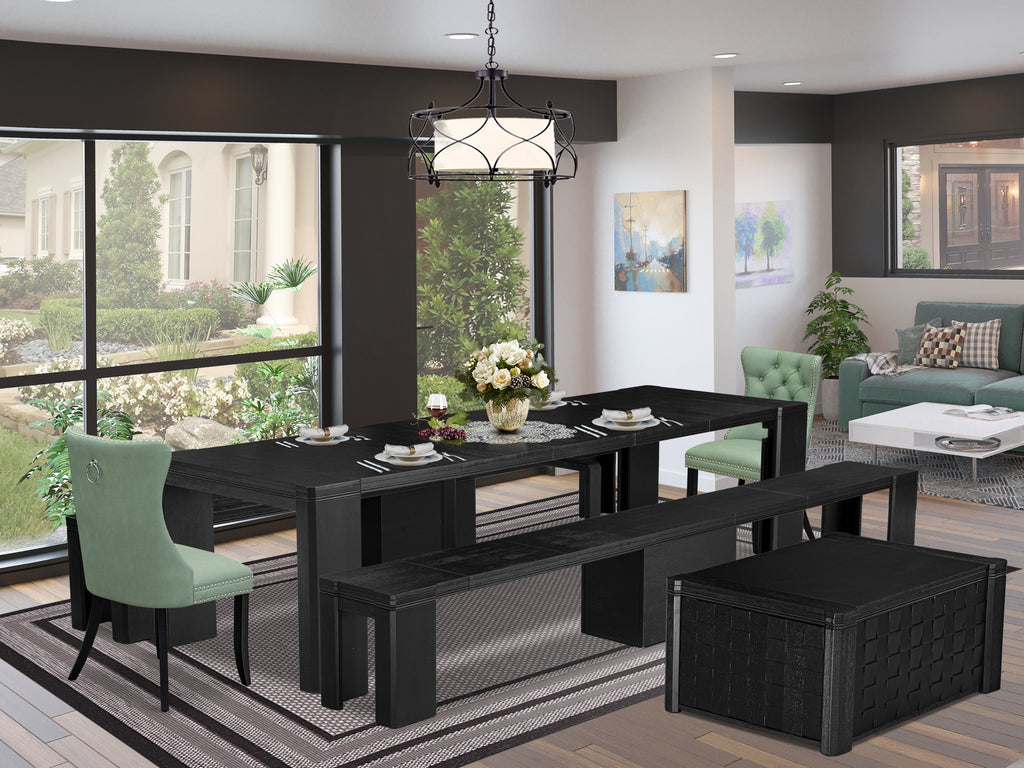 Luxe East West Furniture X02DA-2C6-22 6-piece Dining Room Table Set a Rectangular Dining Table with a coffee Table and 2 wooden Benches and 2 Willow Green Faux Leather Kitchen Chair, Wire Brushed Black Finish.