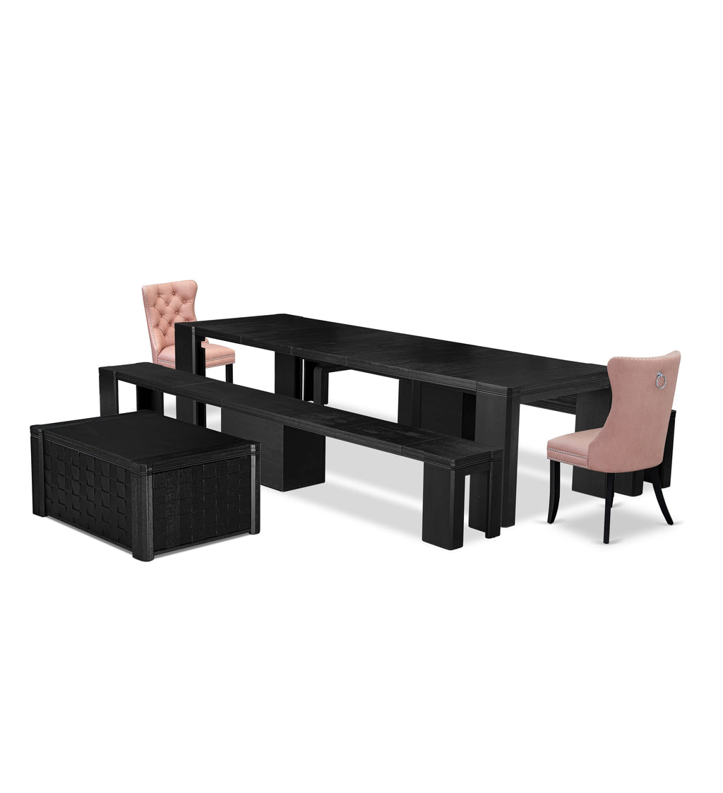 Luxe East West Furniture X02DA-2C6-23 6-piece Dining Room Table Set a Rectangular Kitchen Table with a coffee Table and 2 wooden Benches and 2 Beige Red Faux Leather Dining Chair, Wire Brushed Black Finish.