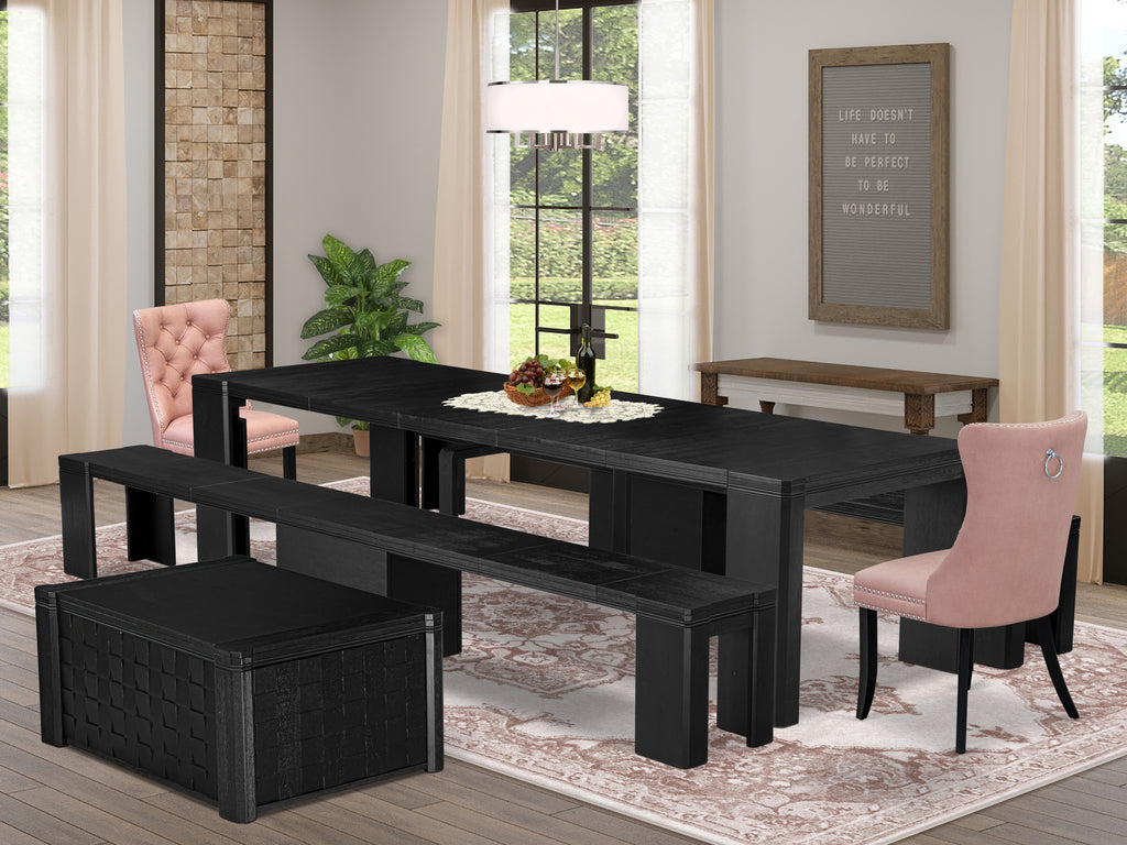 Luxe East West Furniture X02DA-2C6-23 6-piece Dining Room Table Set a Rectangular Kitchen Table with a coffee Table and 2 wooden Benches and 2 Beige Red Faux Leather Dining Chair, Wire Brushed Black Finish.