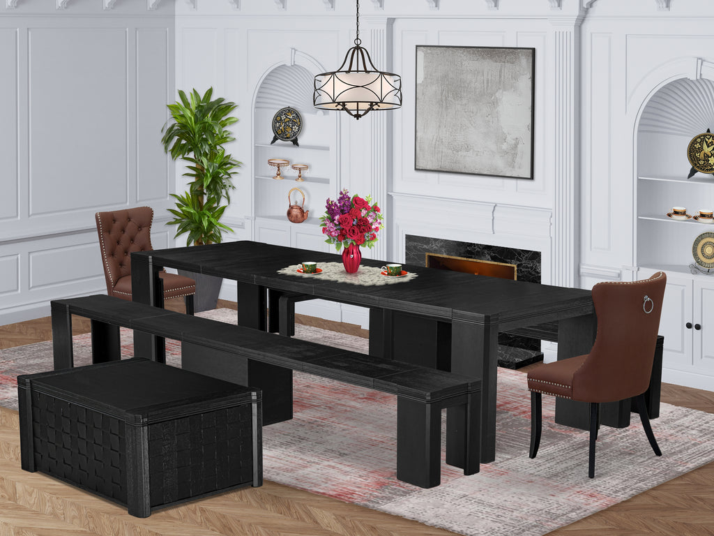 Luxe East West Furniture X02DA-2C6-26 6-piece Modern Dining Room Table Set a Rectangular Dining Room Table with a coffee table and 2 wooden Benches and 2 Burgundy Faux Leather Kitchen Chair, Wire Brushed Black Finish.