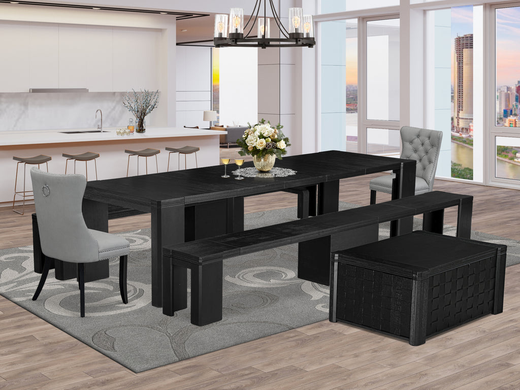 Luxe East West Furniture X02DA-2C6-27 6-piece Modern Dining Table Set a Rectangular Dining Room Table with a coffee Table and 2 wooden Benhes, 2 Light Gray Faux Leather Kitchen Room Chair, Wire Brushed Black Finish.