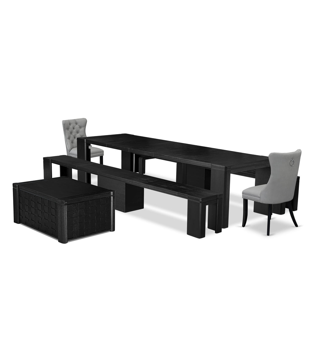 Luxe East West Furniture X02DA-2C6-27 6-piece Modern Dining Table Set a Rectangular Dining Room Table with a coffee Table and 2 wooden Benhes, 2 Light Gray Faux Leather Kitchen Room Chair, Wire Brushed Black Finish.