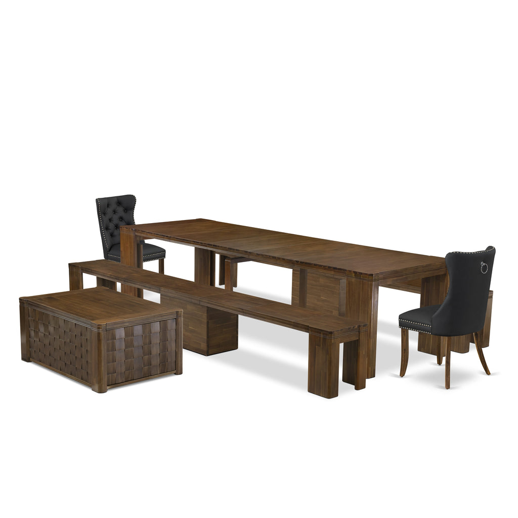 Luxe by East West Furniture X02DA-2C8-12 -6 Pieces Extendable Dining Set Includes a Rectangle Kitchen Table, 1 Coffee Table, 2 Dining Chairs and 2 Modern Benches, Antique Walnut