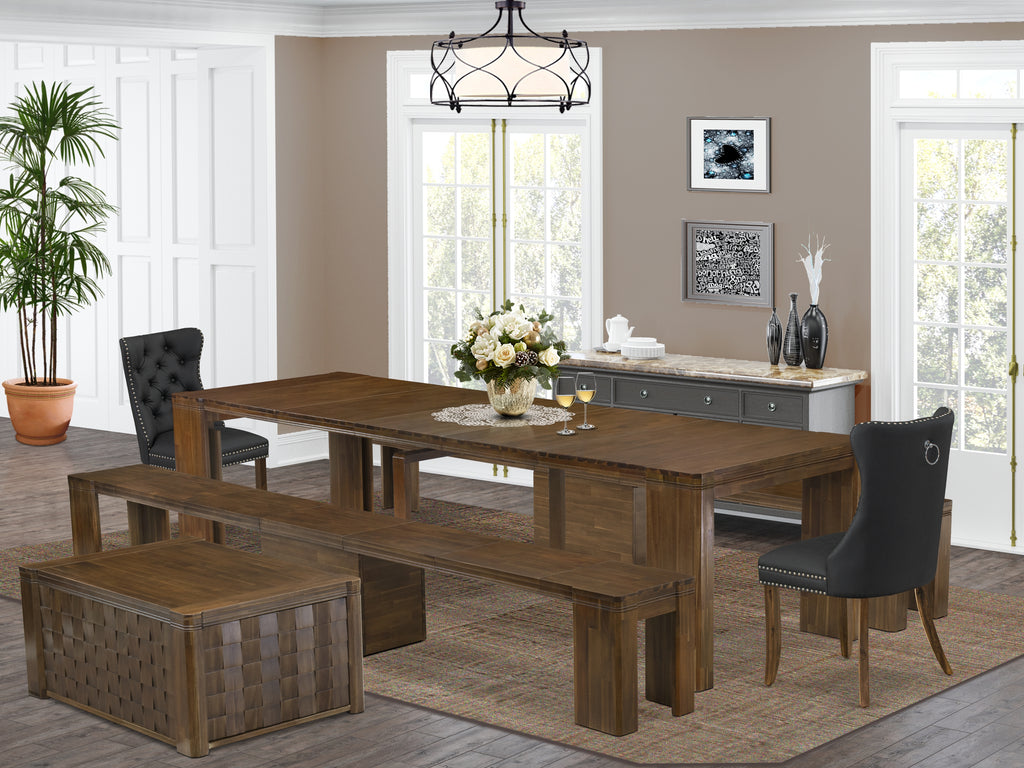 Luxe by East West Furniture X02DA-2C8-12 -6 Pieces Extendable Dining Set Includes a Rectangle Kitchen Table, 1 Coffee Table, 2 Dining Chairs and 2 Modern Benches, Antique Walnut