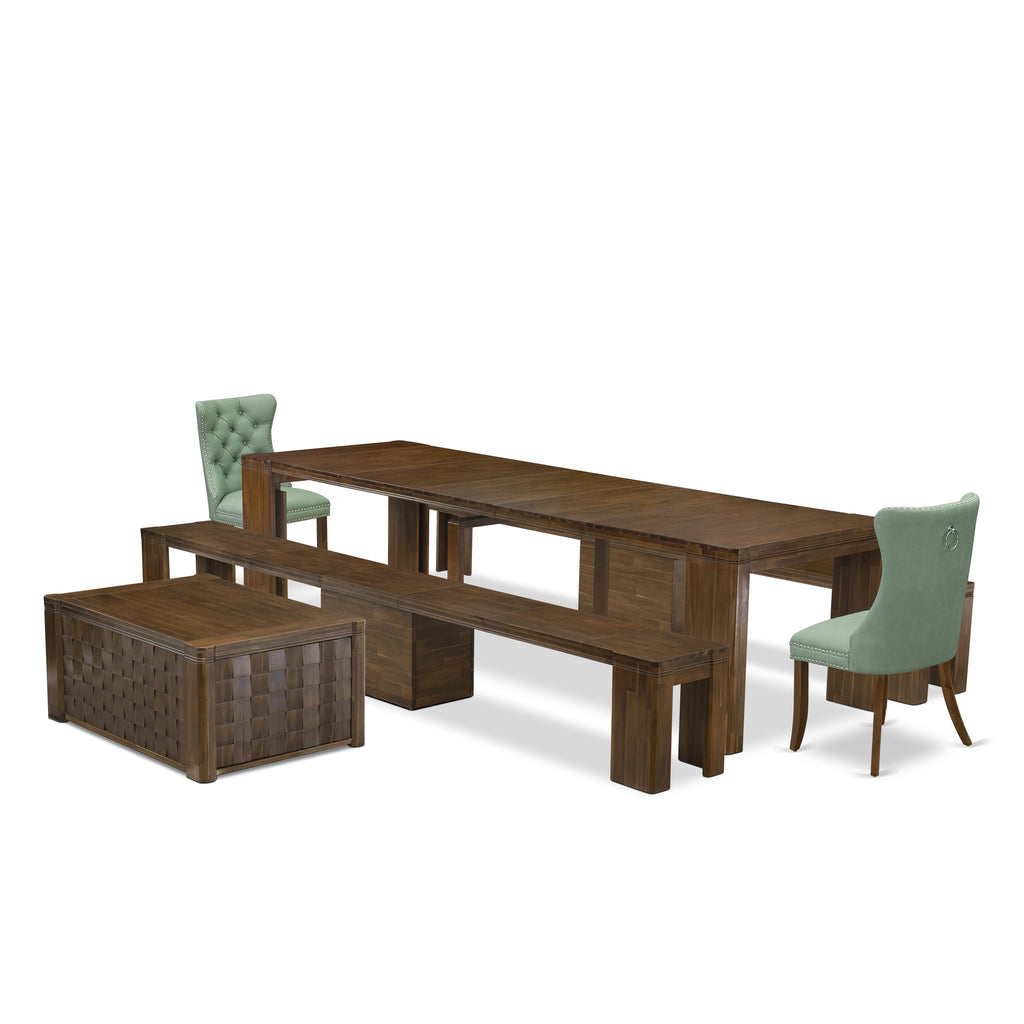 Luxe by East West Furniture X02DA-2C8-22 -6 Pieces Extendable Dining Set Includes a Rectangle Kitchen Table, 1 Coffee Table, 2 Dining Chairs and 2 Modern Benches, Antique Walnut