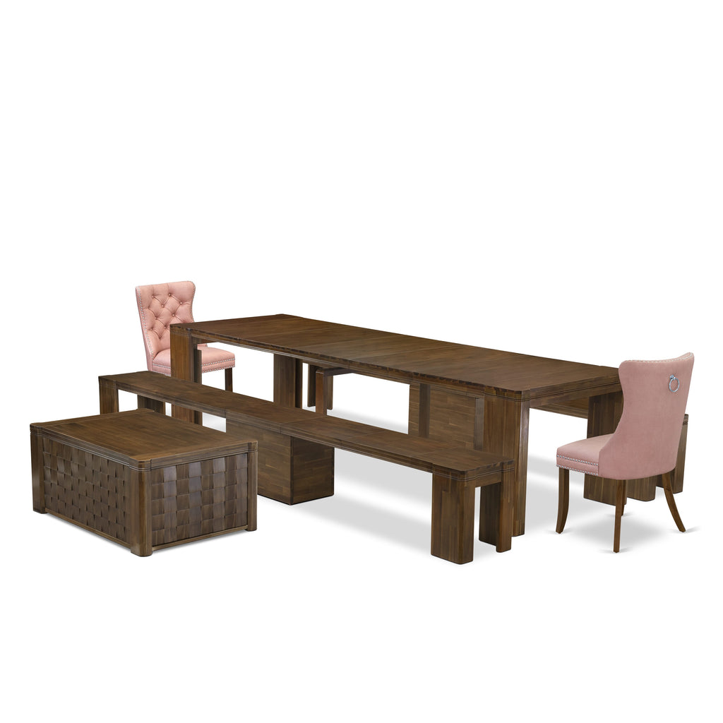 Luxe by East West Furniture X02DA-2C8-23 -6 Pieces Extendable Dining Set Includes a Rectangle Kitchen Table, 1 Coffee Table, 2 Dining Chairs and 2 Modern Benches, Antique Walnut